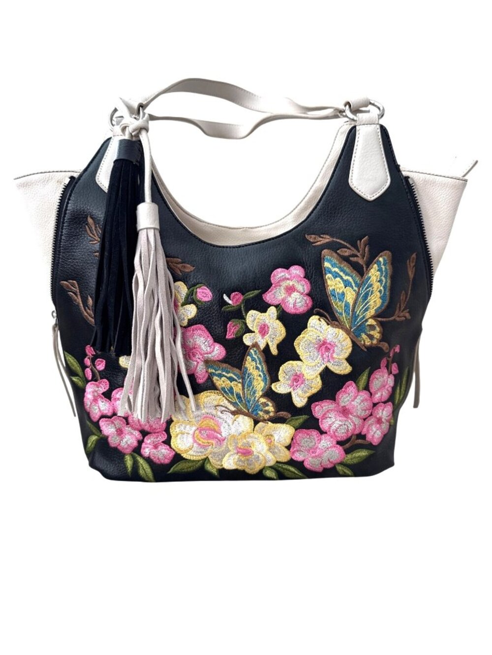 Sharif 1827 New York Floral Embroidered Black Leather Handbag with Tassel Gift